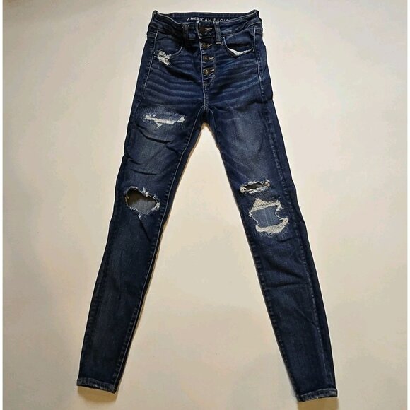 American Eagle High Rise Jegging Next Level Stretch Blue Jean 2 Button Fly Denim - Picture 1 of 10